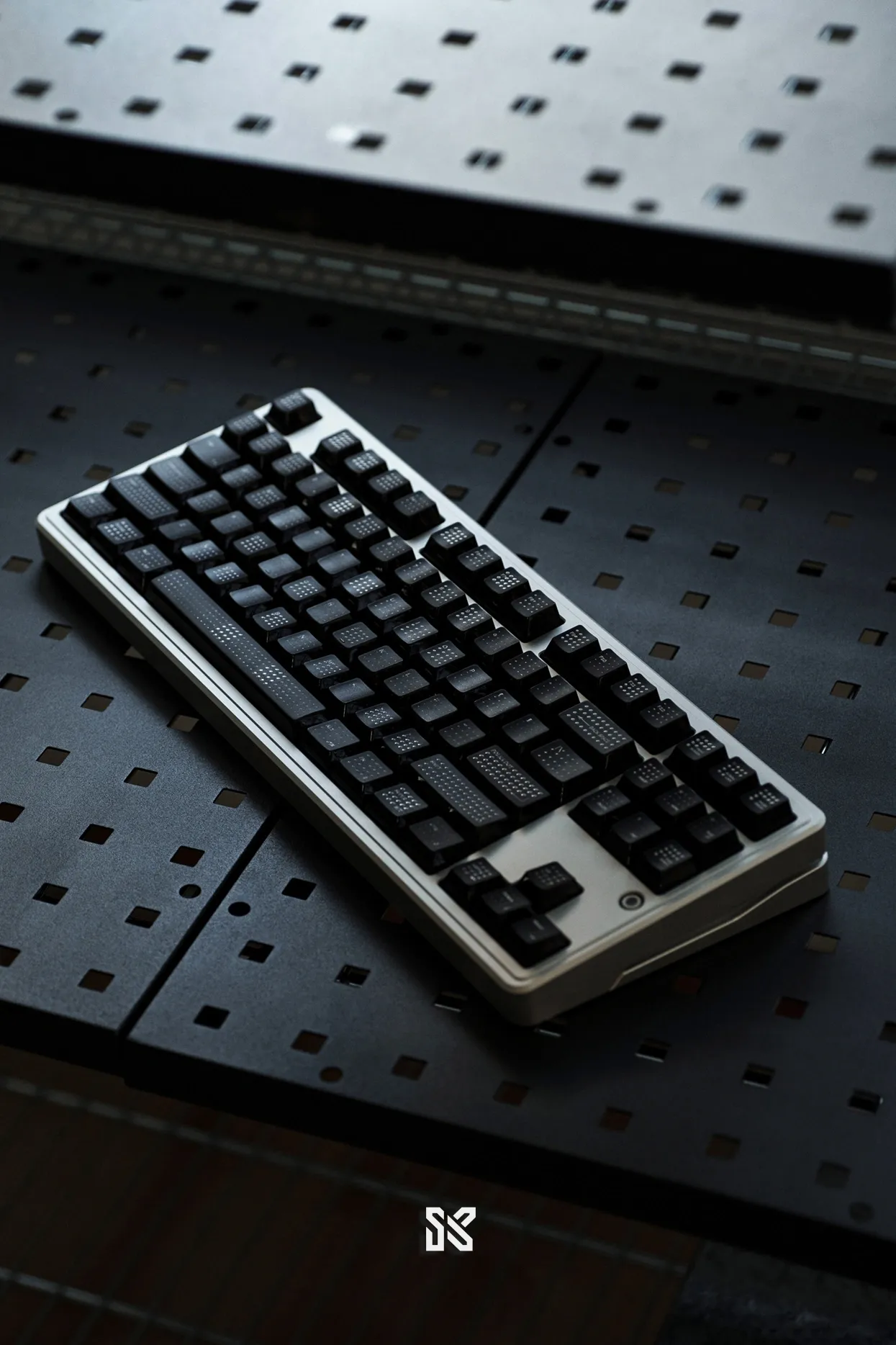 Polka Dot PC Backlit Cherry Profile Keycaps – Black SINOKEY polka dot PC translucent backlit keycap set installed on white mechanical keyboard showcasing premium design