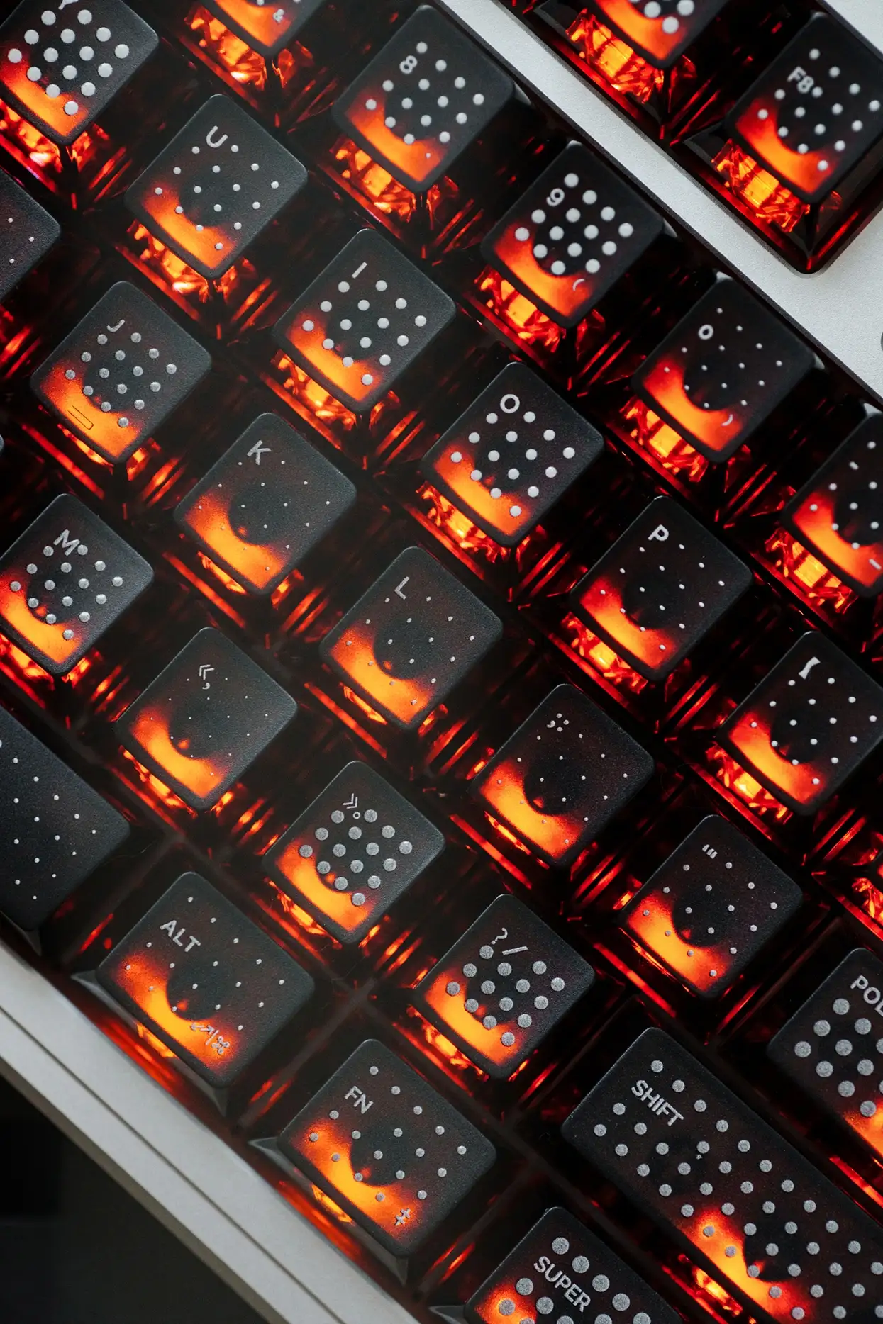 Polka Dot PC Backlit Cherry Profile Keycaps – Black SINOKEY polka dot PC backlit keycap set with brilliant red RGB lighting effects illuminating dotted pattern design