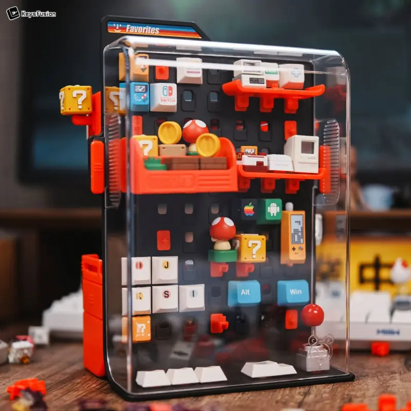 Standing keycap storage showcase featuring pegboard design with gaming-inspired artisan keycaps arranged creatively behind dust cover.
