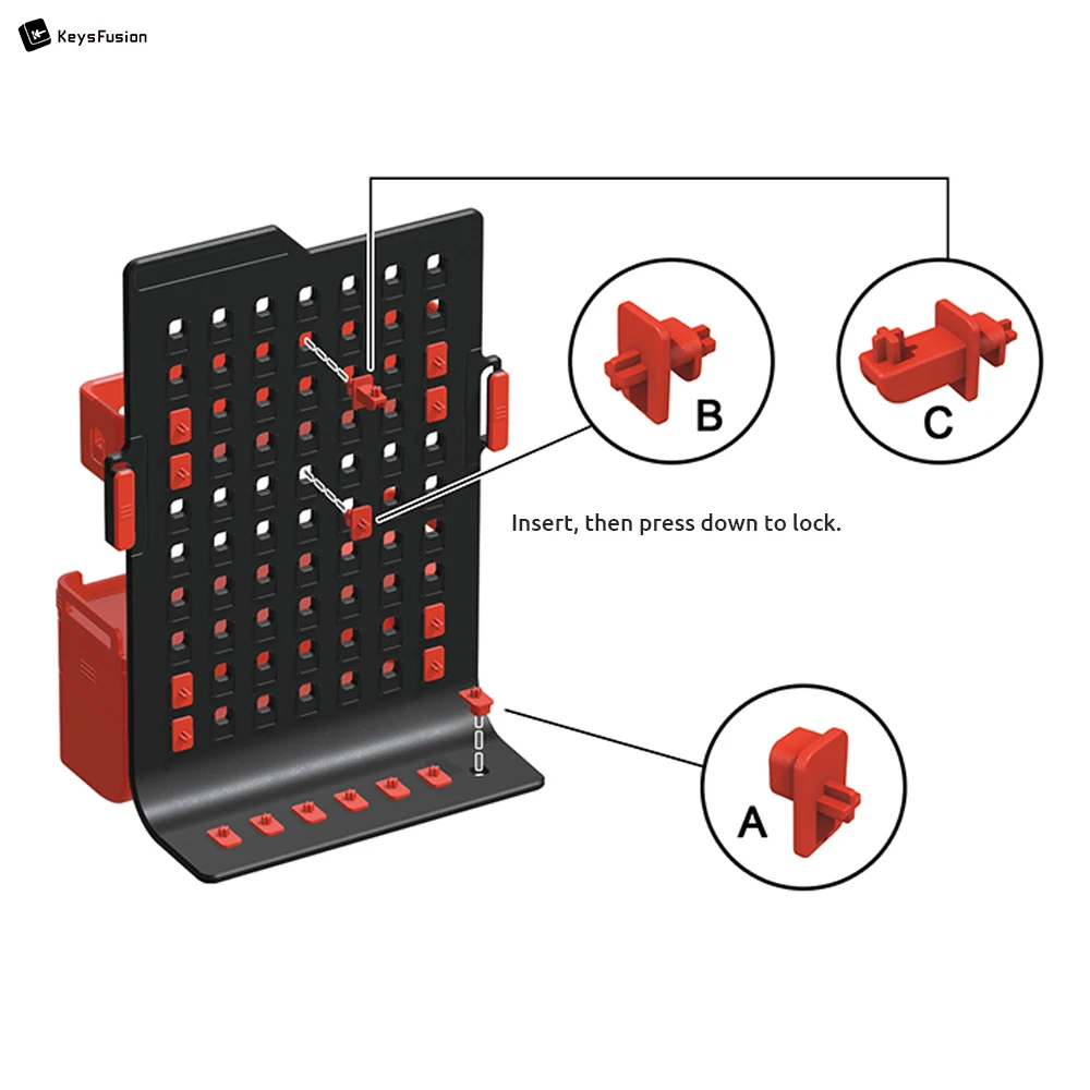Keycap Storage & Display Pegboard Case Installation guide showing how to insert adapters A, B and C into pegboard holes with text "Insert, then press down to lock" and detailed visuals.