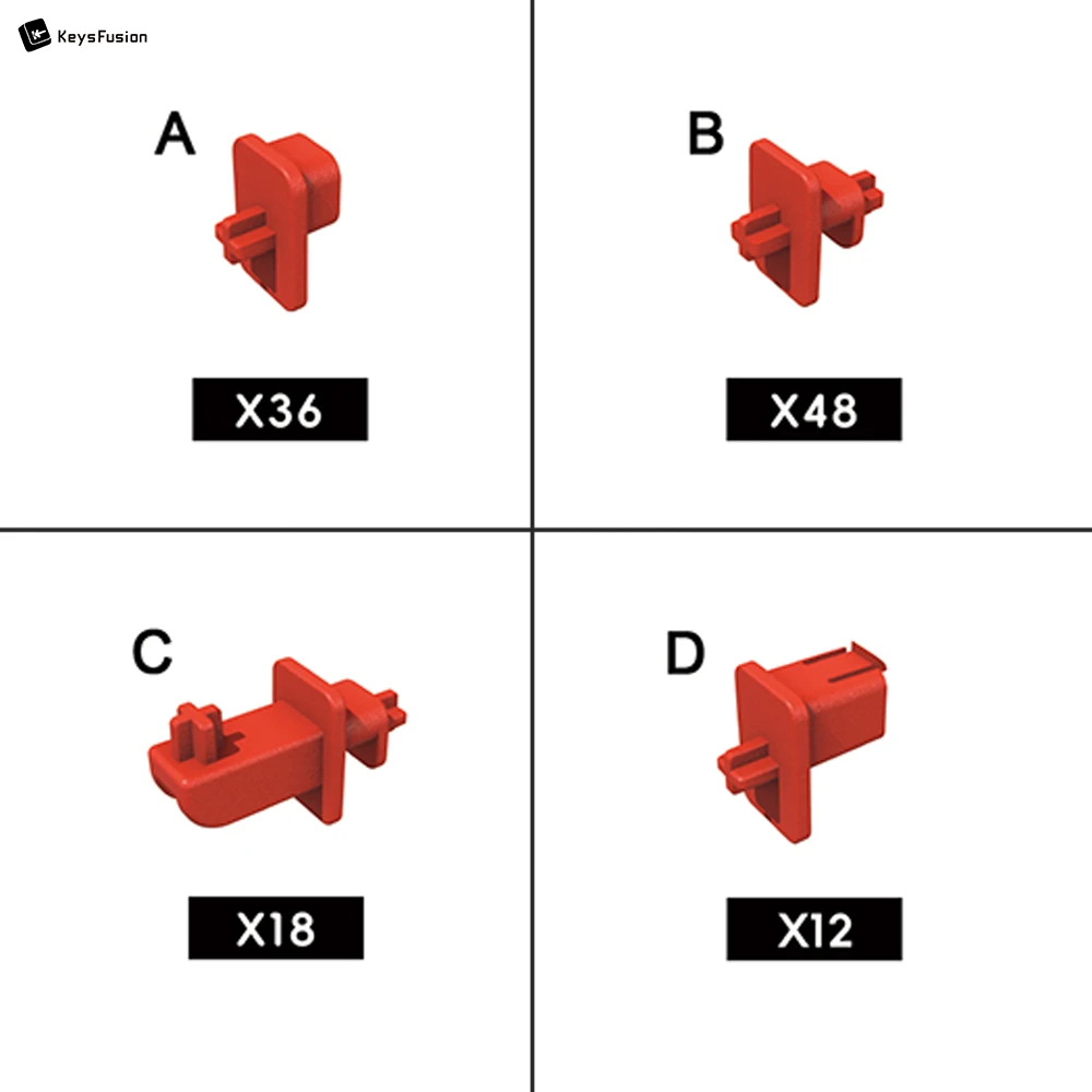 Keycap Storage & Display Pegboard Case Diagram showing four different types of red keycap adapters labeled A through D with quantities: 36, 48, 18, and 12 respectively.