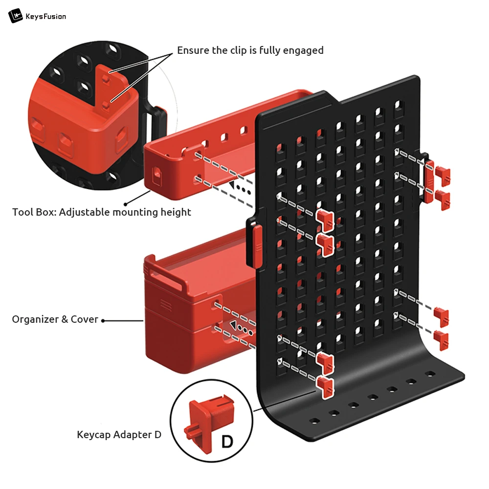 Keycap Storage & Display Pegboard Case Assembly diagram for keycap storage pegboard showing clip engagement, tool box mounting height adjustment, and adapter placement instructions.