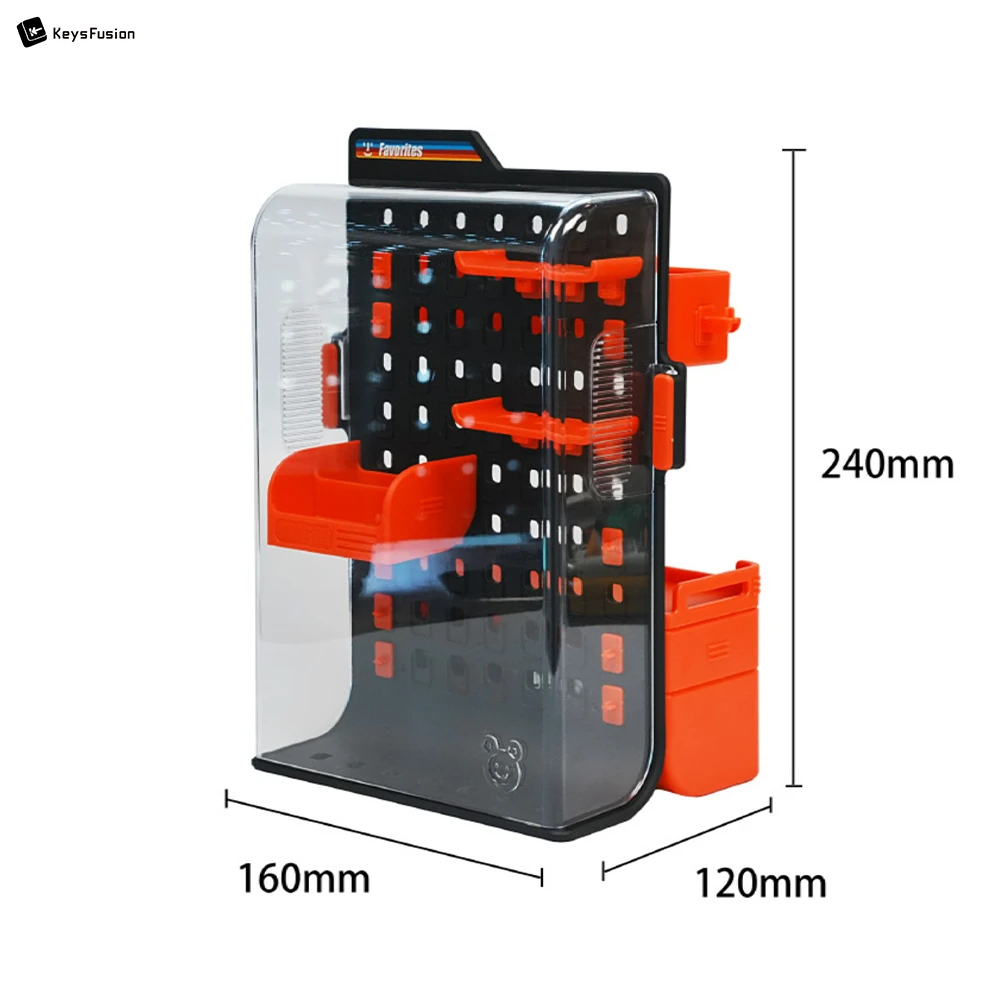 Keycap Storage & Display Pegboard Case Vertical keycap storage pegboard case with dimensions labeled: 240mm height, 160mm width, 120mm depth, featuring black pegboard and red components.