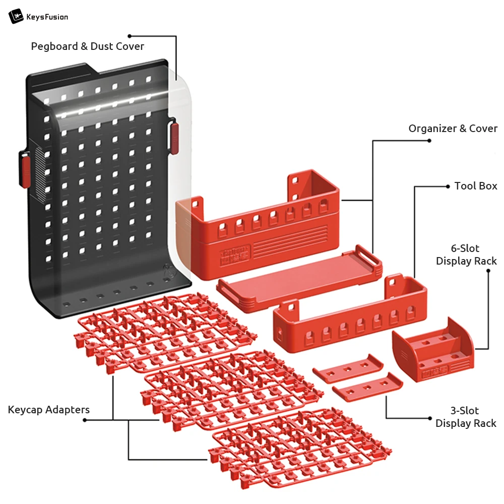 Keycap Storage & Display Pegboard Case Exploded view of keycap storage pegboard components showing labeled parts: pegboard, dust cover, adapters, organizers, tool box and display racks.