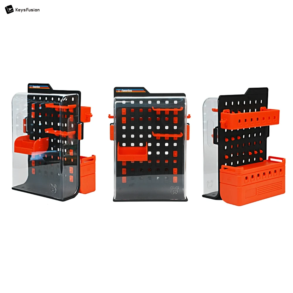 Keycap Storage & Display Pegboard Case Three views of vertical keycap pegboard display showing front, side, and back angles with transparent dust cover and red organization components.