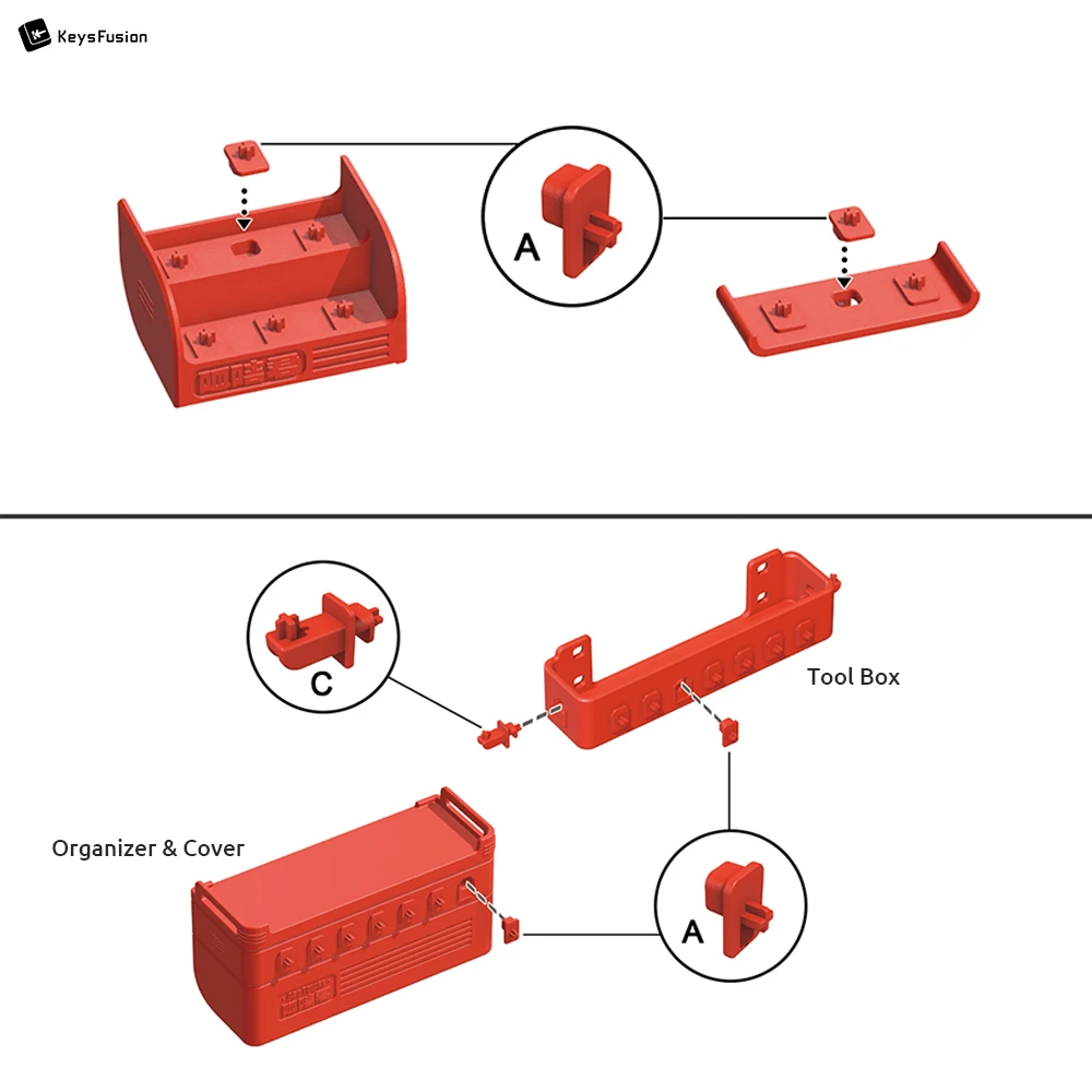 Keycap Storage & Display Pegboard Case Step-by-step diagram showing how to connect tool box and organizer components using A and C type adapters with visual instructions.