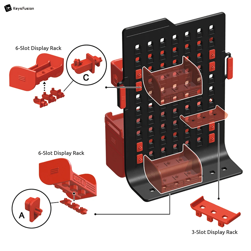 Keycap Storage & Display Pegboard Case Assembly instructions showing how to mount 6-slot and 3-slot display racks onto the pegboard using adapters A and C with visual guides.
