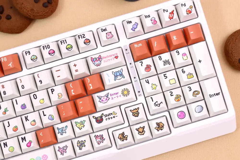 Close-up view of Pokemon keycaps showing detailed pixel art of Eevee evolutions on function keys and number pad