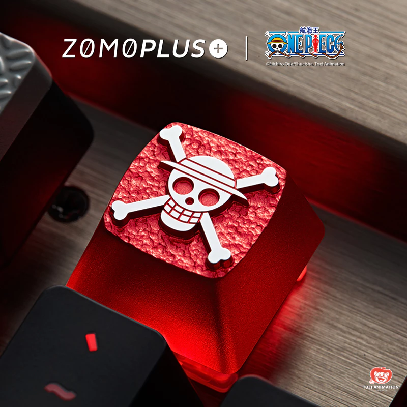 ZOMOPLUS One Piece Aluminum Artisan Keycap - Luffy Installed close-up of Luffy artisan keycap, vivid design with anodized aluminum finish.