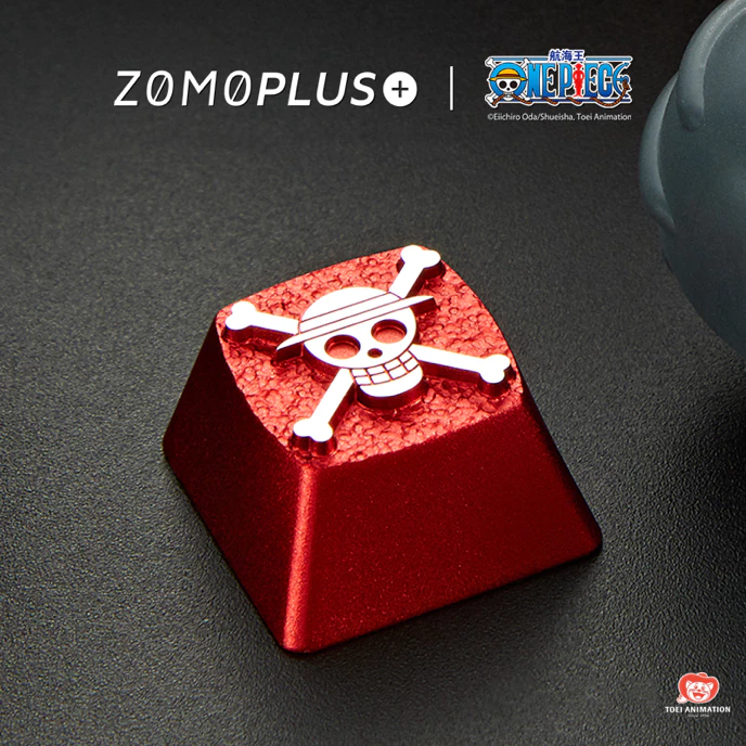 ZOMOPLUS Luffy keycap from side angle, showcasing anime details on solid aluminum.