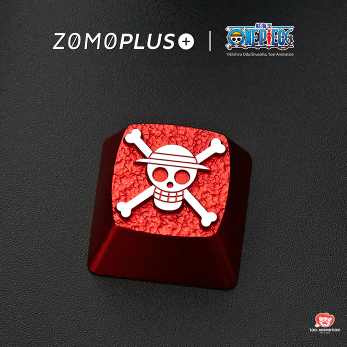ZOMOPLUS Luffy keycap from above, highlighting vibrant character artwork and refined aluminum build.