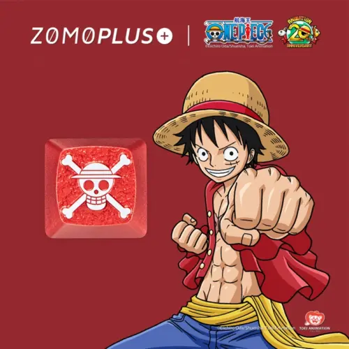 keysfusion-zomoplus-one-piece-luffy-keycap-with-figure ZOMOPLUS Luffy keycap shown with One Piece artwork, highlighting vibrant anime design and aluminum durability.