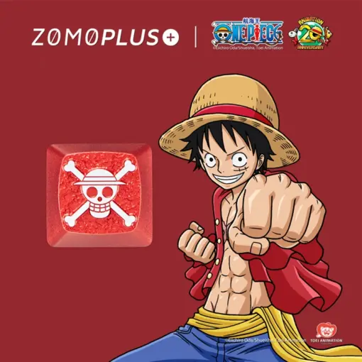 keysfusion-zomoplus-one-piece-luffy-keycap-with-figure ZOMOPLUS Luffy keycap shown with One Piece artwork, highlighting vibrant anime design and aluminum durability.
