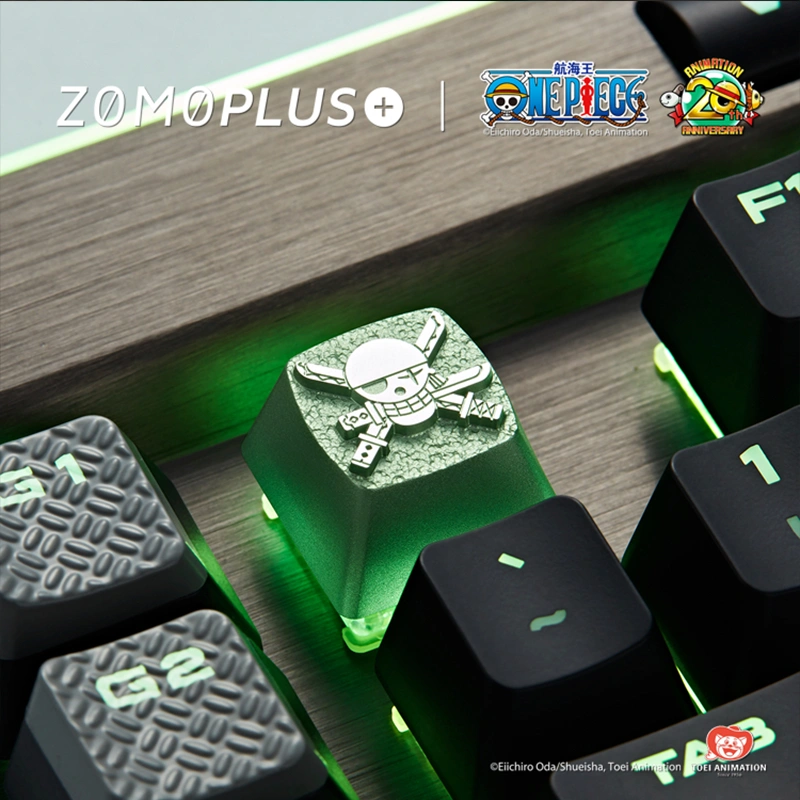 ZOMOPLUS One Piece Aluminum Artisan Keycap - Zoro Installed Zoro artisan keycap close-up, crafted with CNC precision and durability.