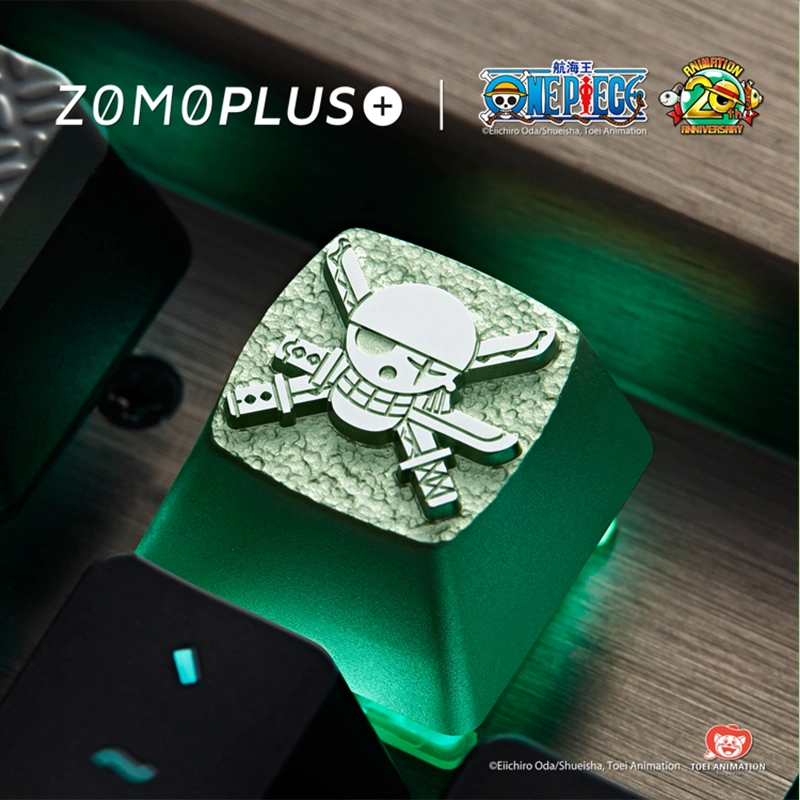 ZOMOPLUS One Piece Aluminum Artisan Keycap - Zoro Artisan Zoro keycap side detail, vibrant engraving on anodized aluminum surface.