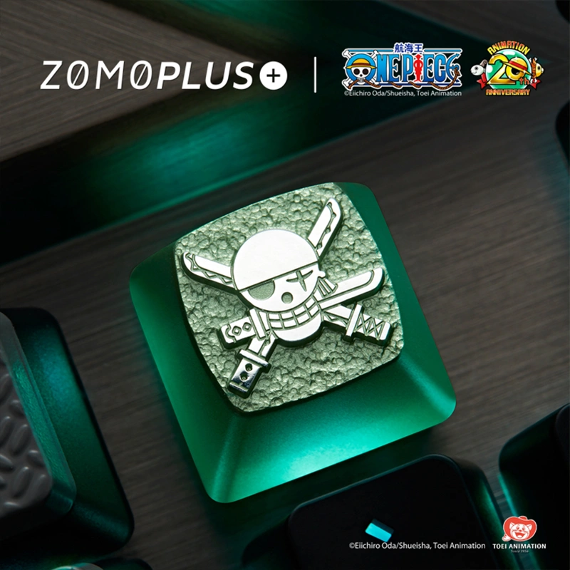 ZOMOPLUS One Piece Aluminum Artisan Keycap - Zoro ZOMOPLUS Zoro keycap overhead, CNC engraved anime details on aluminum finish.