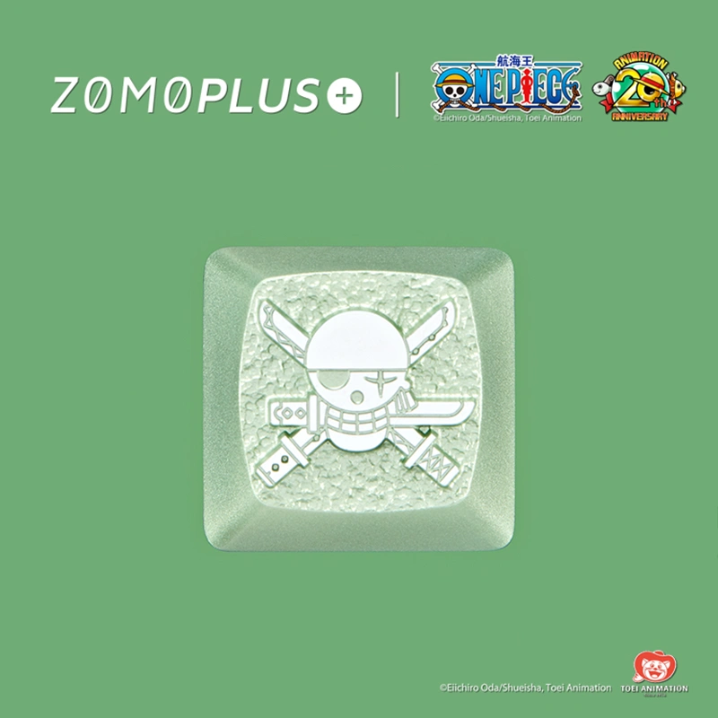 ZOMOPLUS One Piece Aluminum Artisan Keycap - Zoro Top view of Zoro artisan keycap, engraved anime details and metallic anodized finish.