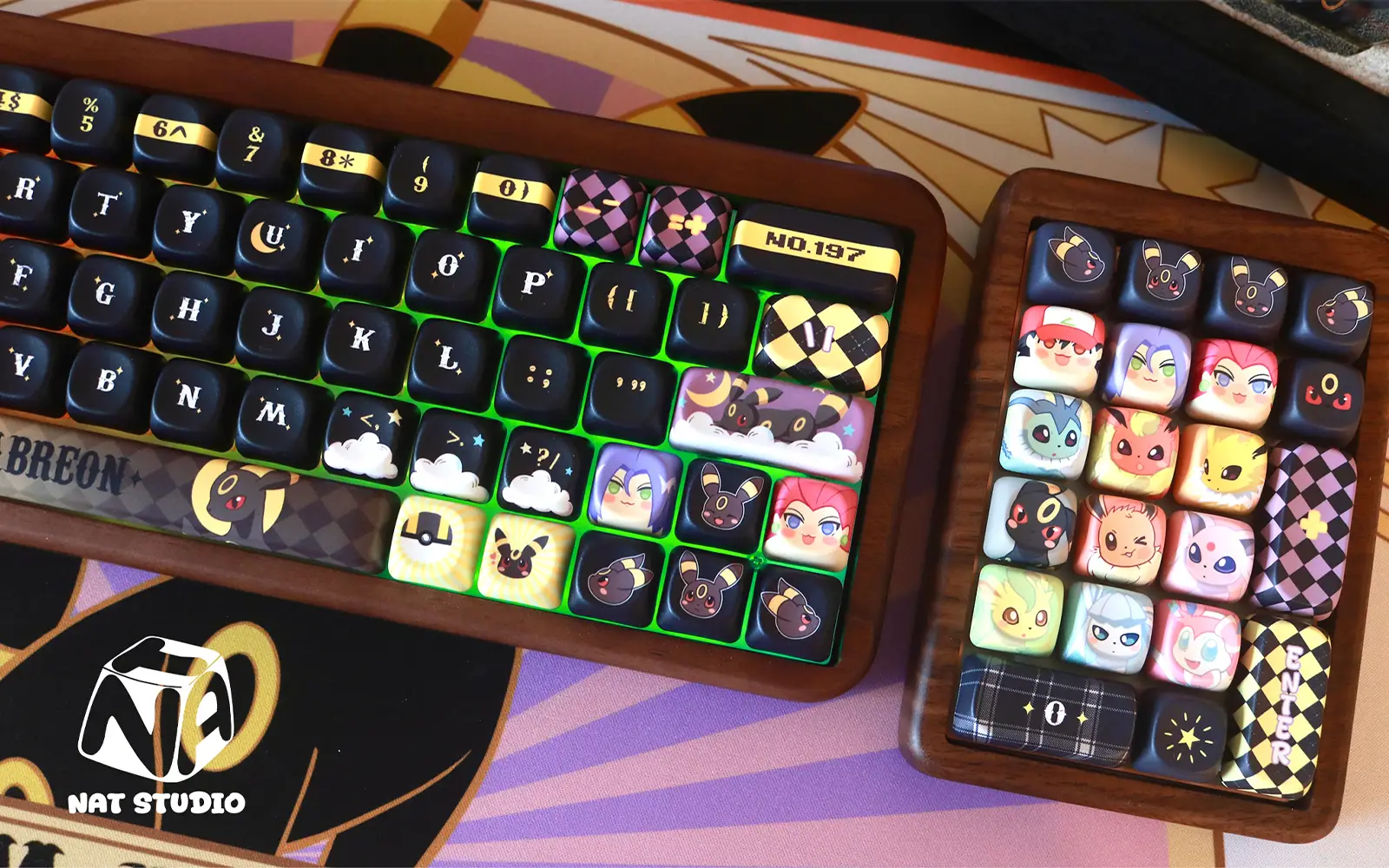Pokemon Moonlight Umbreon MOA Profile Keycaps Pokemon Moonlight Umbreon keyboard set displaying colorful Eeveelution novelty keys with RGB backlighting