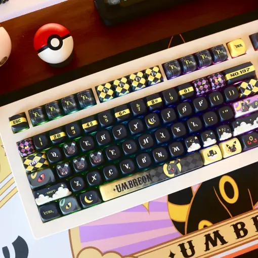 Complete Pokemon Moonlight Umbreon keycap set installed on white mechanical keyboard with Pokeball