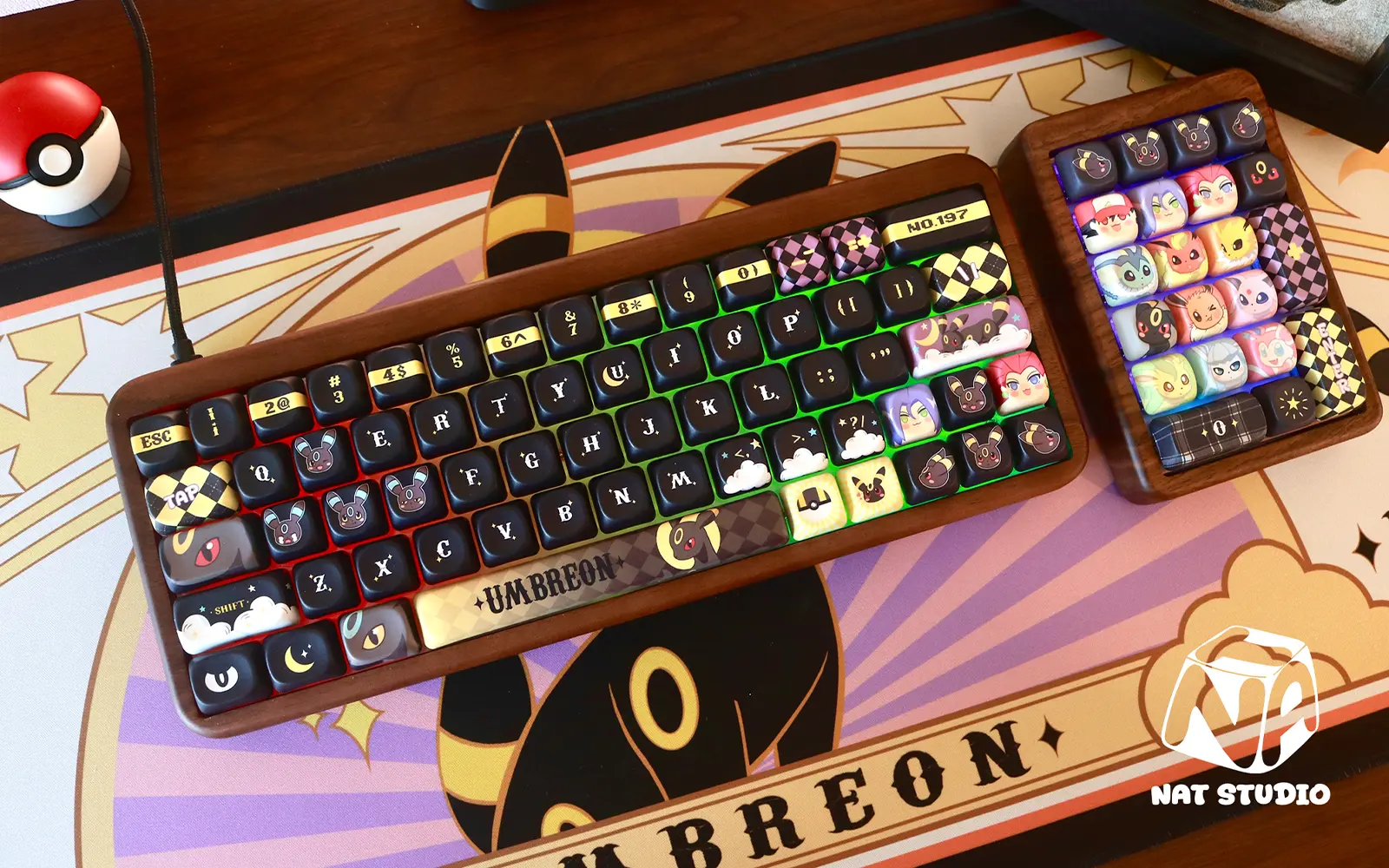 Pokemon Moonlight Umbreon MOA Profile Keycaps Pokemon Moonlight Umbreon keycaps on RGB mechanical keyboard with matching numpad and Pokeball