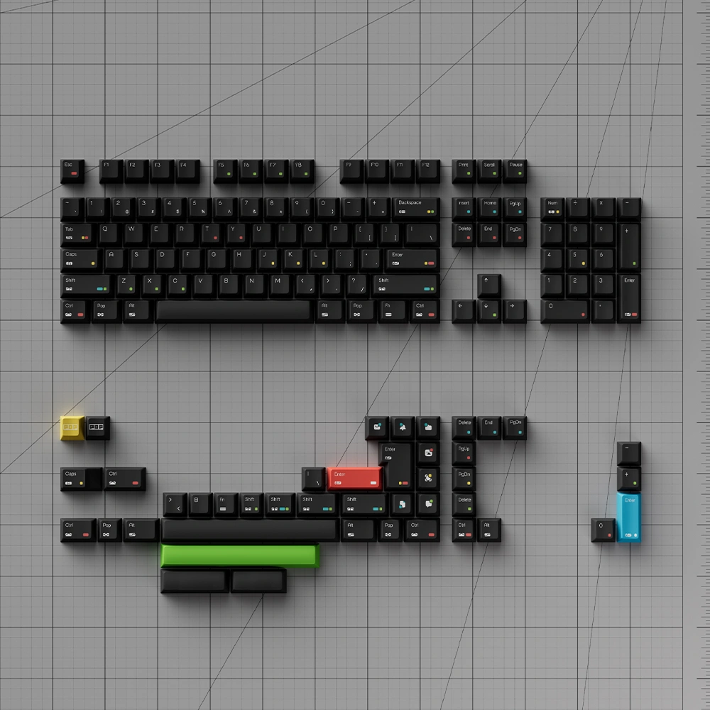 Disassembled black keycaps showing complete 147-key set layout with rainbow dot accents