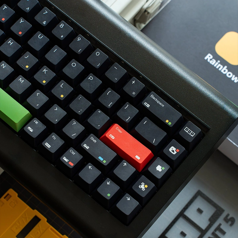Rainbow Dot keycaps on black mechanical keyboard showing colorful accent keys and branding