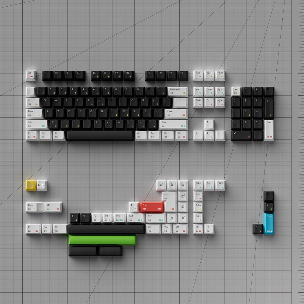 Black and white Cherry profile keycaps complete 147-key layout with rainbow dots