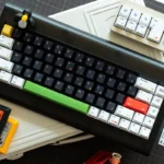 keysfusion-rainbow-dot-cherry-profile-keycaps-black-white-3 Dual-tone black and white mechanical keyboard with colorful accent keys and vintage setup