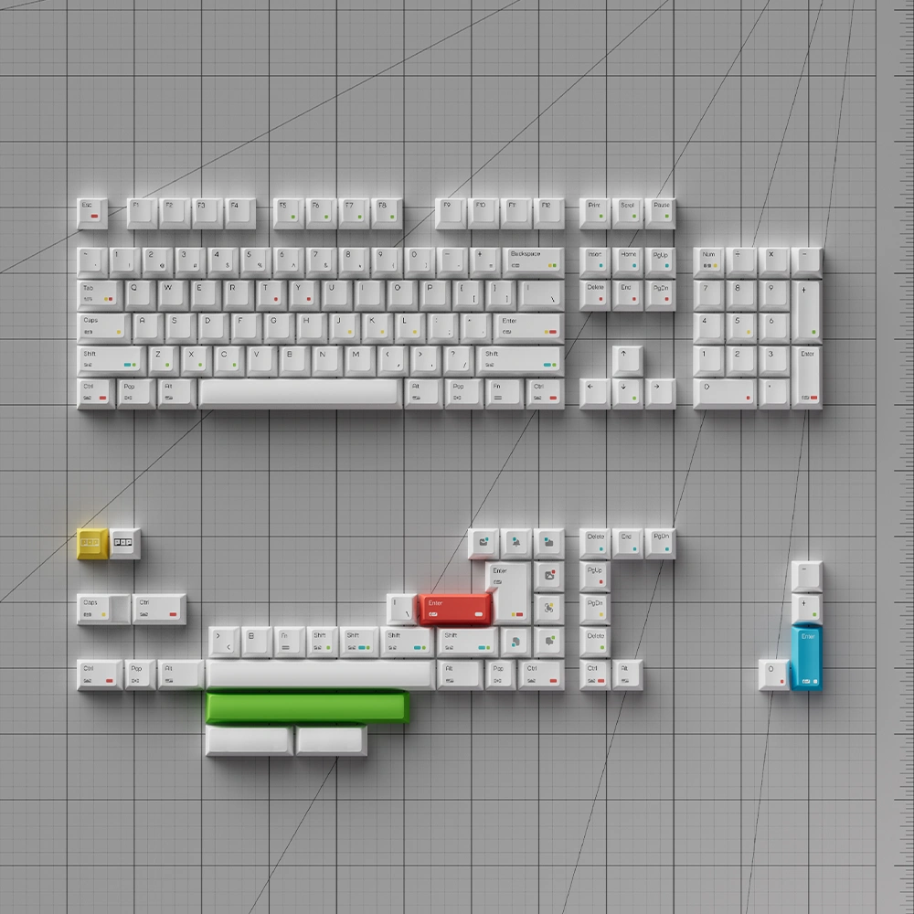 White Cherry profile keycaps complete 147-key layout with rainbow dots and accent keys