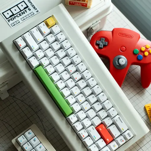 keysfusion-rainbow-dot-cherry-profile-keycaps-white-5 White rainbow dot keycaps with vintage gaming controller and retro computer aesthetic