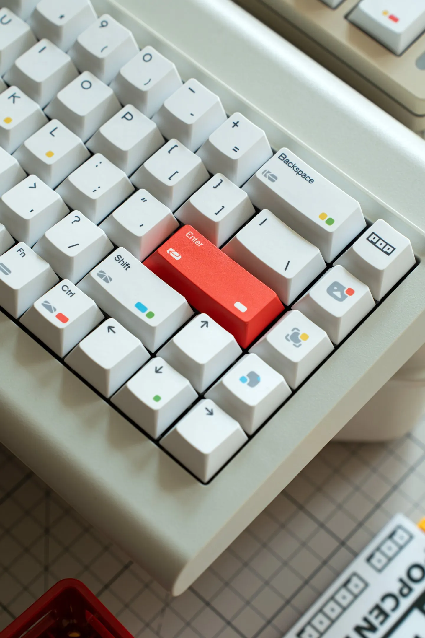 Rainbow Dot Cherry Profile Keycaps - White White Cherry profile keyboard with red Enter key and rainbow dot accents