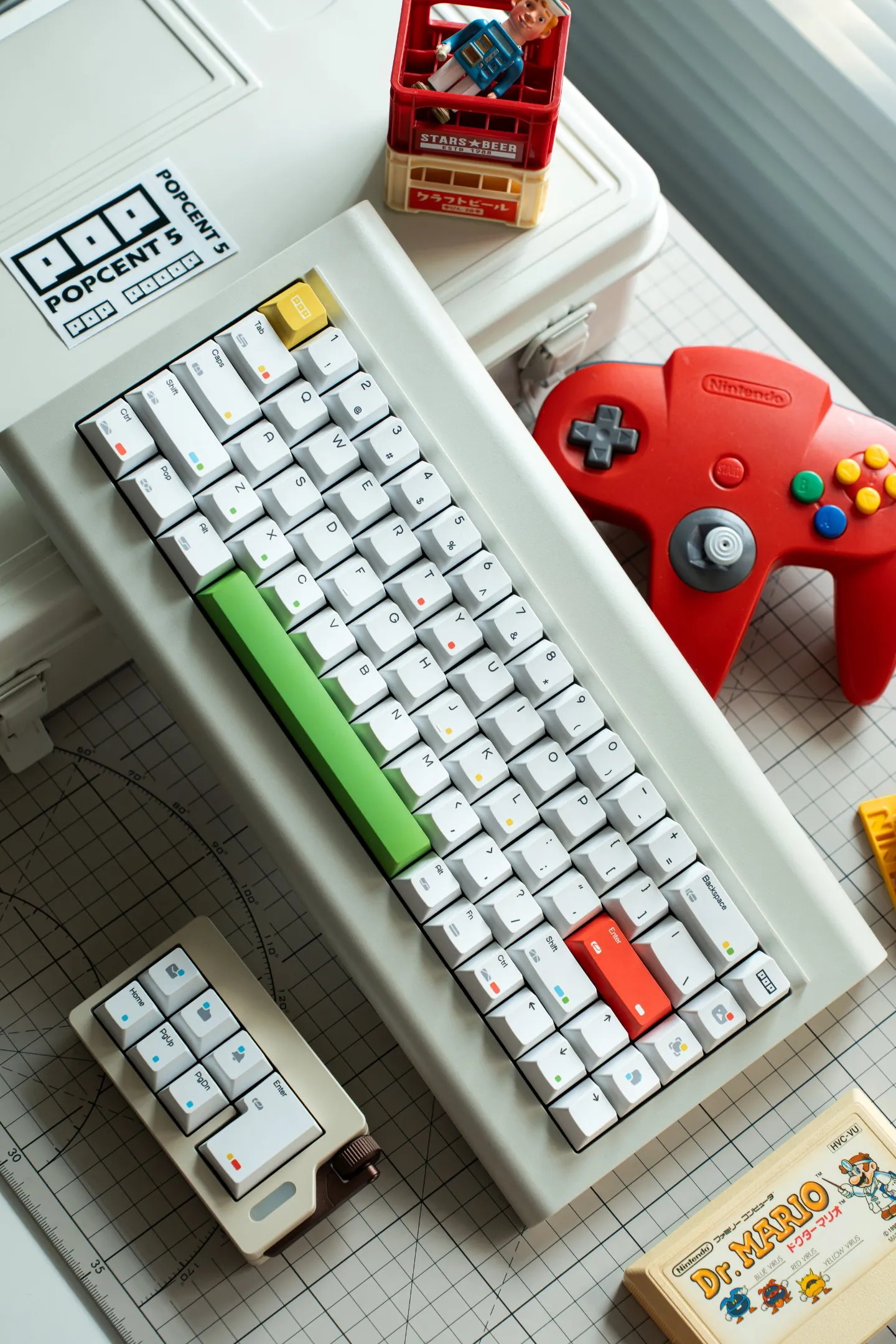 Rainbow Dot Cherry Profile Keycaps - White White rainbow dot keycaps with green spacebar in vintage gaming setup flatlay