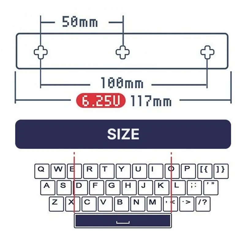 Keyboard diagram highlighting 6.25U spacebar position for compatibility check.
