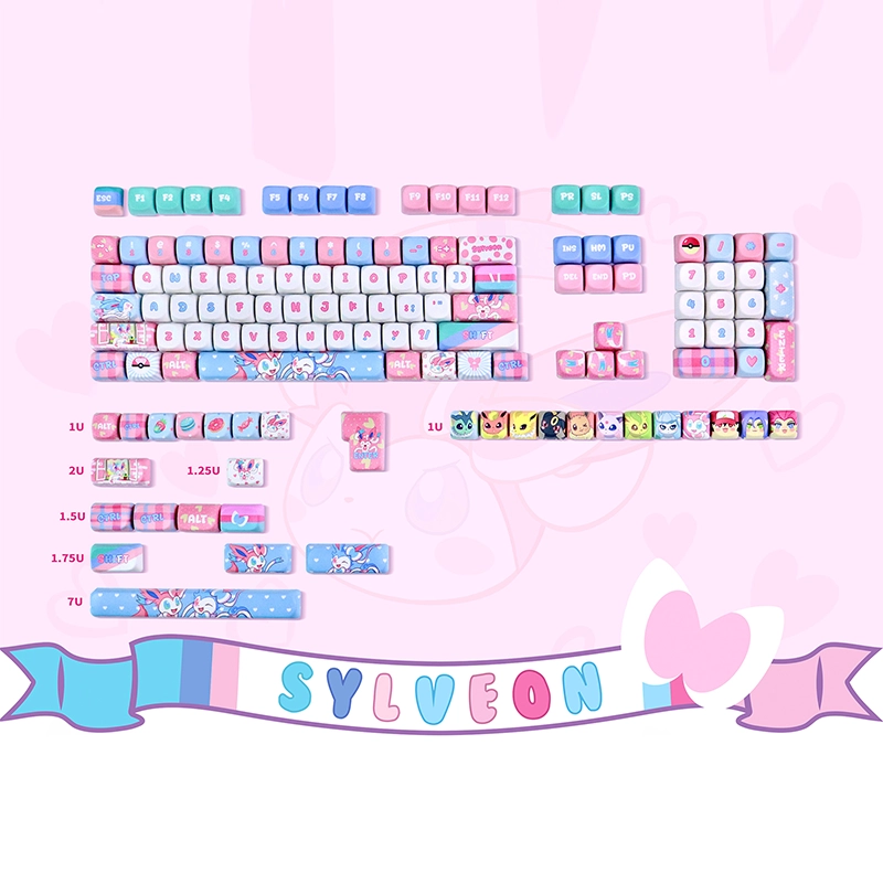 Sylveon themed PBT keycap set featuring MOA profile, Eeveelution novelties, and fairy-type Pokémon inspired design.