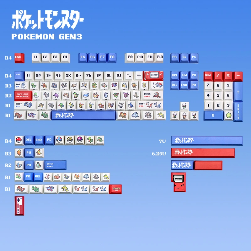 Complete Pokemon Generation 3 Cherry keycap kit layout showing all sizes and novelties