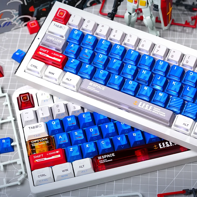 keysfusion-gundam-nuclear-power-cherry-profile-keycaps-1 Two keyboards with Gundam Nuclear Power side-lit keycaps in red, blue, and white color scheme with Gundam models