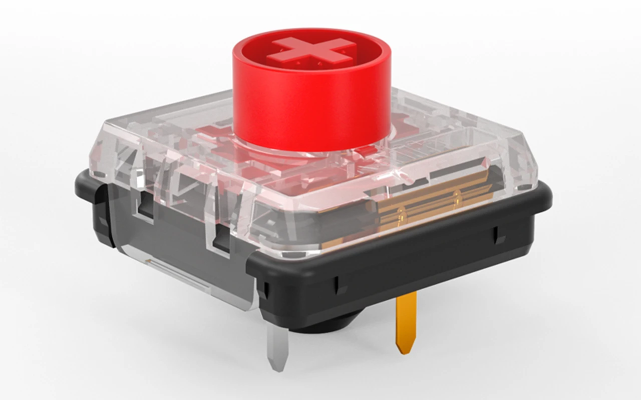 Low profile mechanical switch cutaway view showing reduced height design requiring specialized keycaps