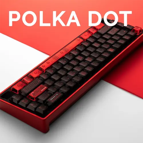 keysfusion-polka-dot-red-black-pc-cherry-profile-keycaps-1 Red-black polka dot translucent keycaps on red keyboard showing frosted diffusion effect