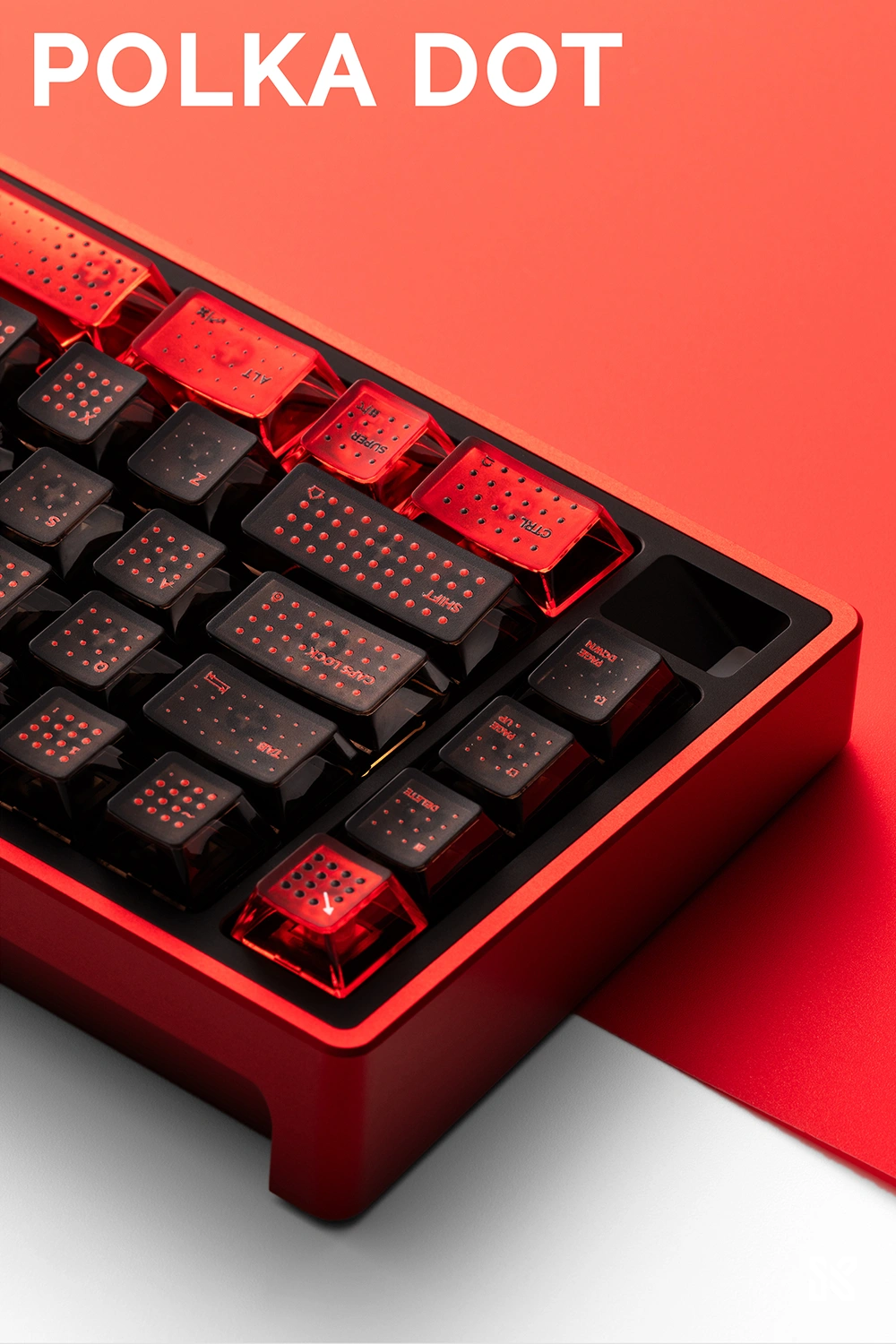 Polka Dot PC Translucent Cherry Profile Keycaps – Red-Black Close-up red-black keycaps with frosted diffusion effect and tactile polka dot pattern