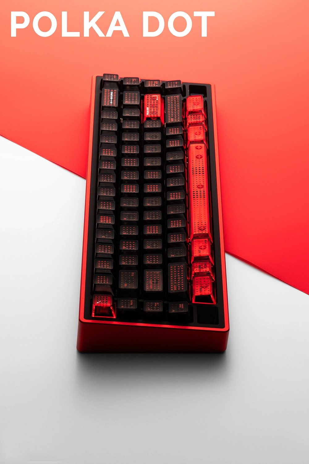 Polka Dot PC Translucent Cherry Profile Keycaps – Red-Black Top view translucent polka dot keycaps showing complete red and black layout