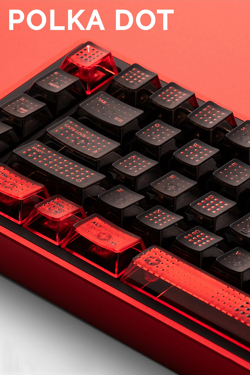 Polka Dot PC Translucent Cherry Profile Keycaps – Red-Black Angled view black keycaps with red polka dots showing raised texture detail