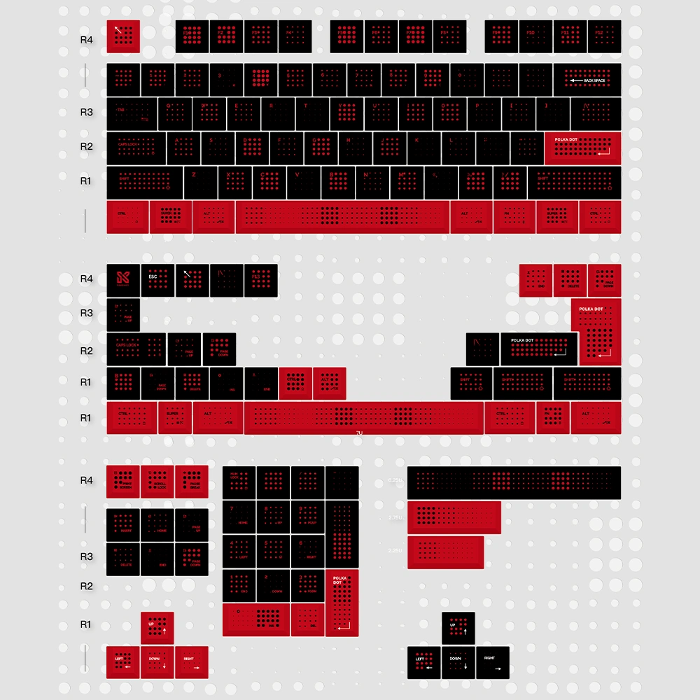 Complete polka dot keycap kit layout showing all 142 keys in red-black colorway