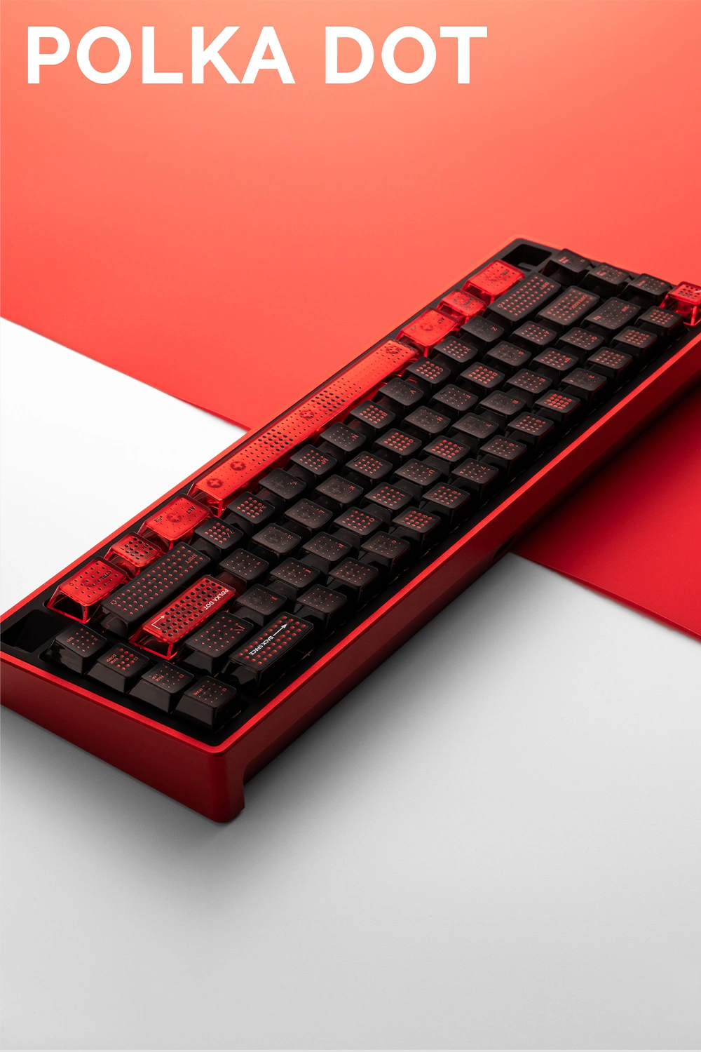 Polka Dot PC Translucent Cherry Profile Keycaps – Red-Black Polka dot PC translucent keycaps showing red accent keys and raised dot texture