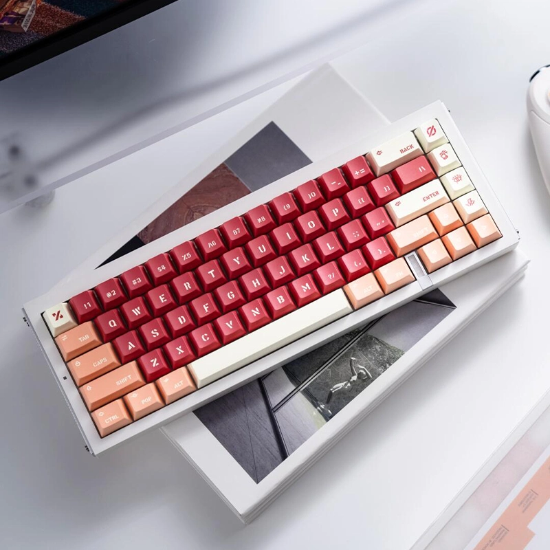 Red Brick Wall mechanical keyboard with gradient keycaps on minimalist white desk