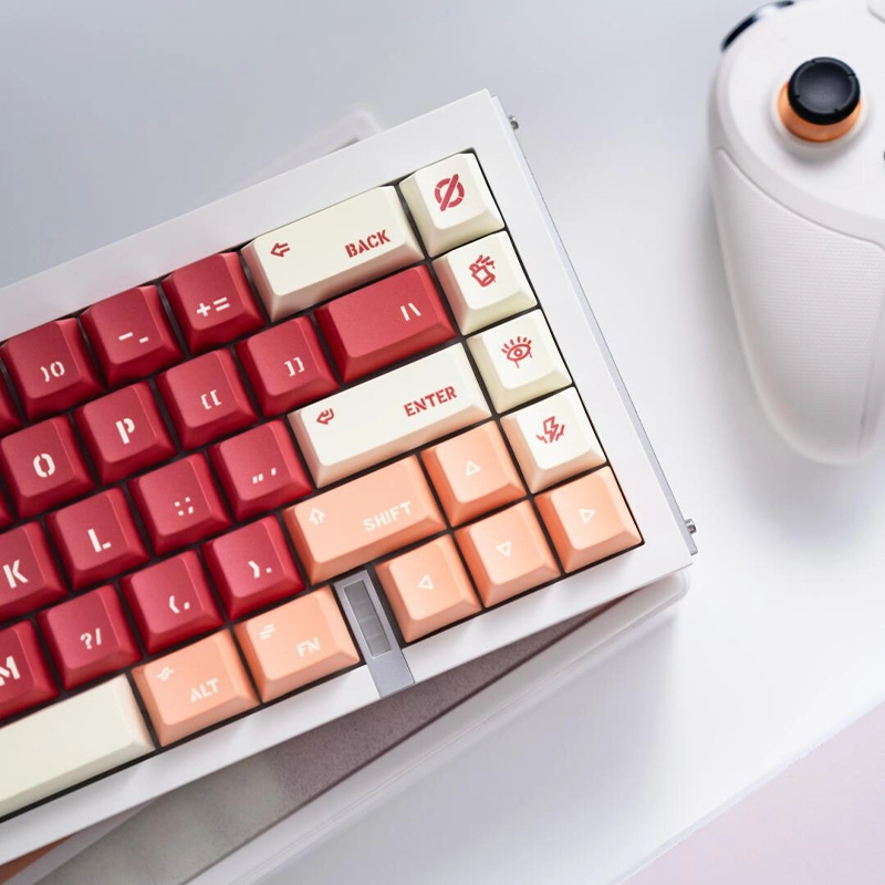 Red keycaps keyboard right side showing Enter Backspace and arrow keys detail