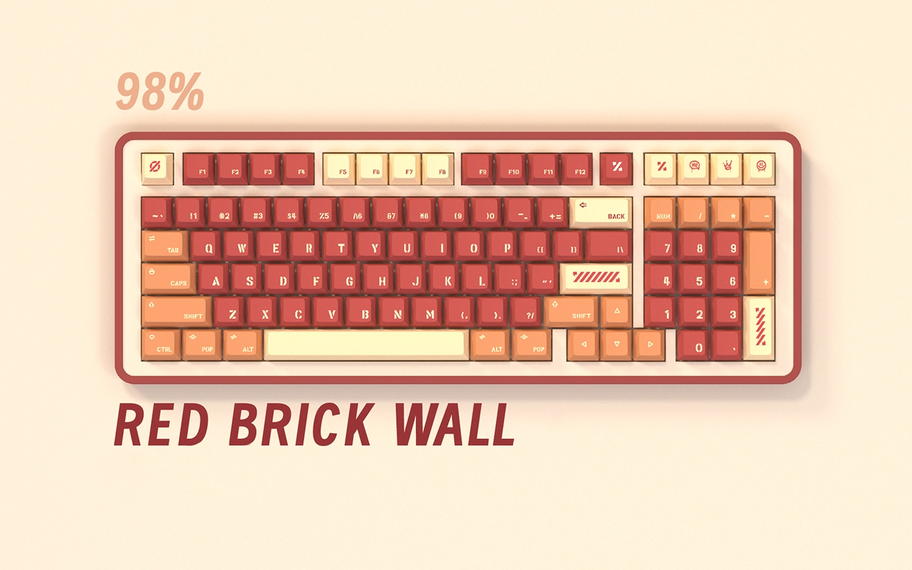 Red Brick Wall Cherry Profile Keycaps Red Brick Wall 98% full-size keyboard layout with gradient terracotta Cherry profile keycaps