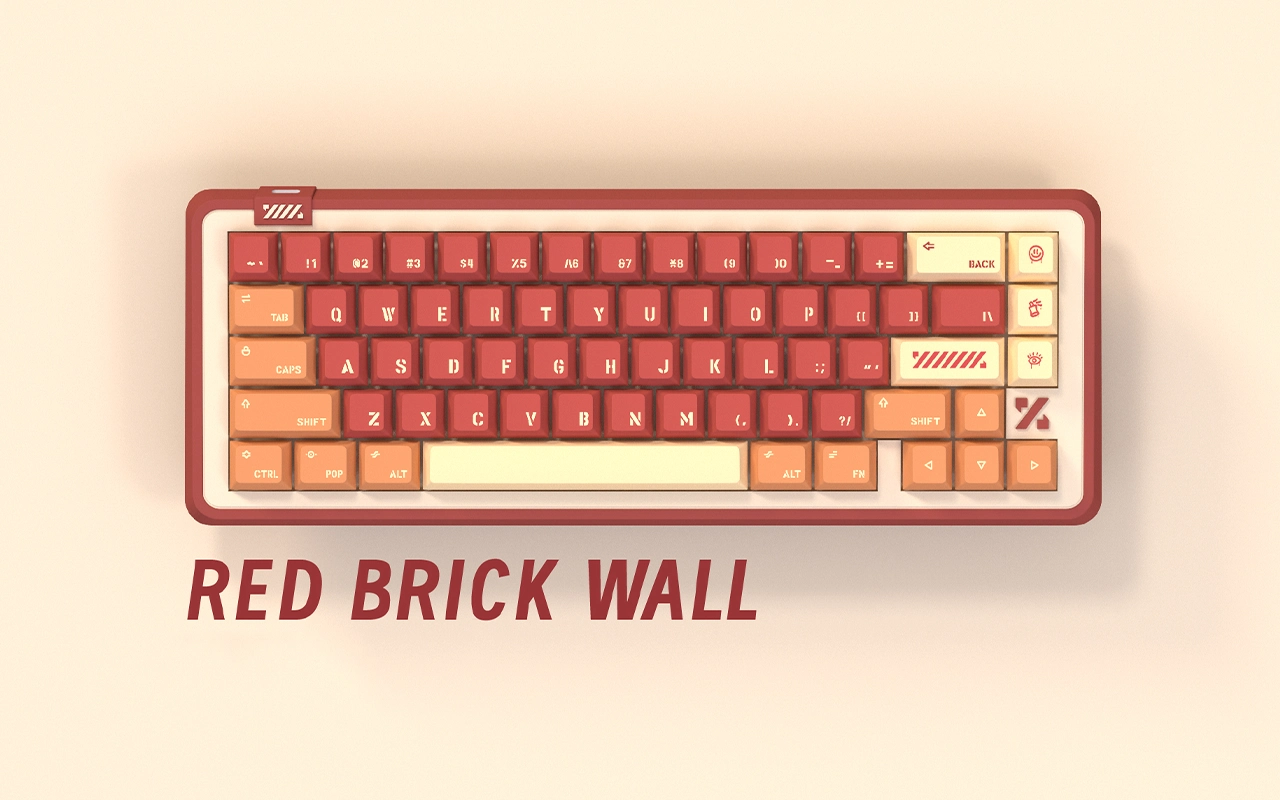 Red Brick Wall Cherry Profile Keycaps Red Brick Wall 80% TKL keyboard layout showing gradient red and cream keycaps