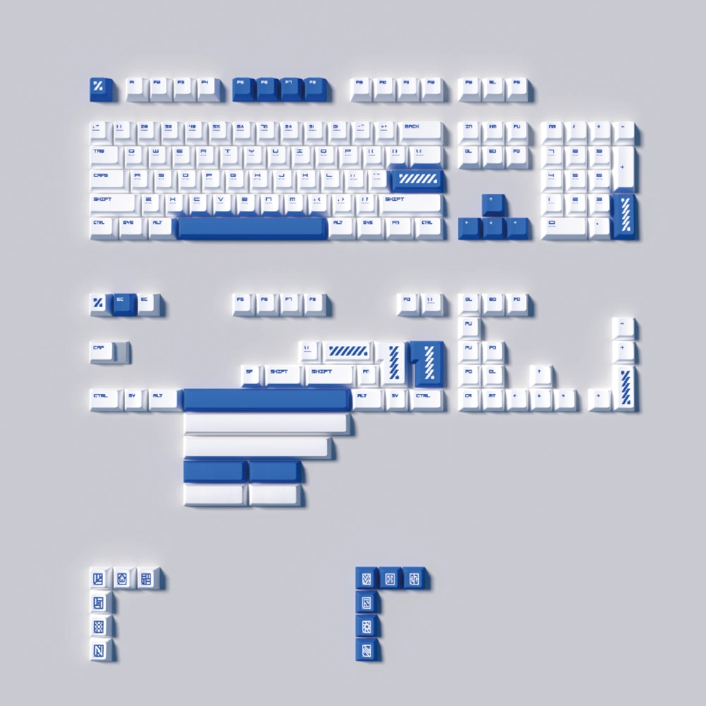 Blue and white Cherry profile keycaps complete 165-key layout with diagonal stripes