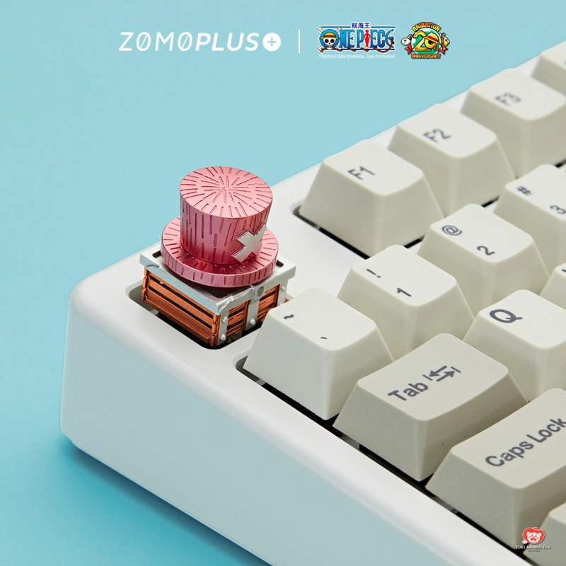 Chopper keycap artisan with rotating pink hat installed on white mechanical keyboard showing detailed craftsmanship