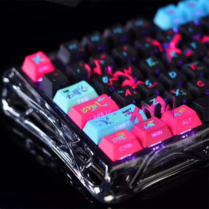 keysfusion-jinx-keycaps-cherry-profile-1 Arcane Jinx keycaps with hot pink and cyan novelty keys featuring RGB backlighting on mechanical keyboard